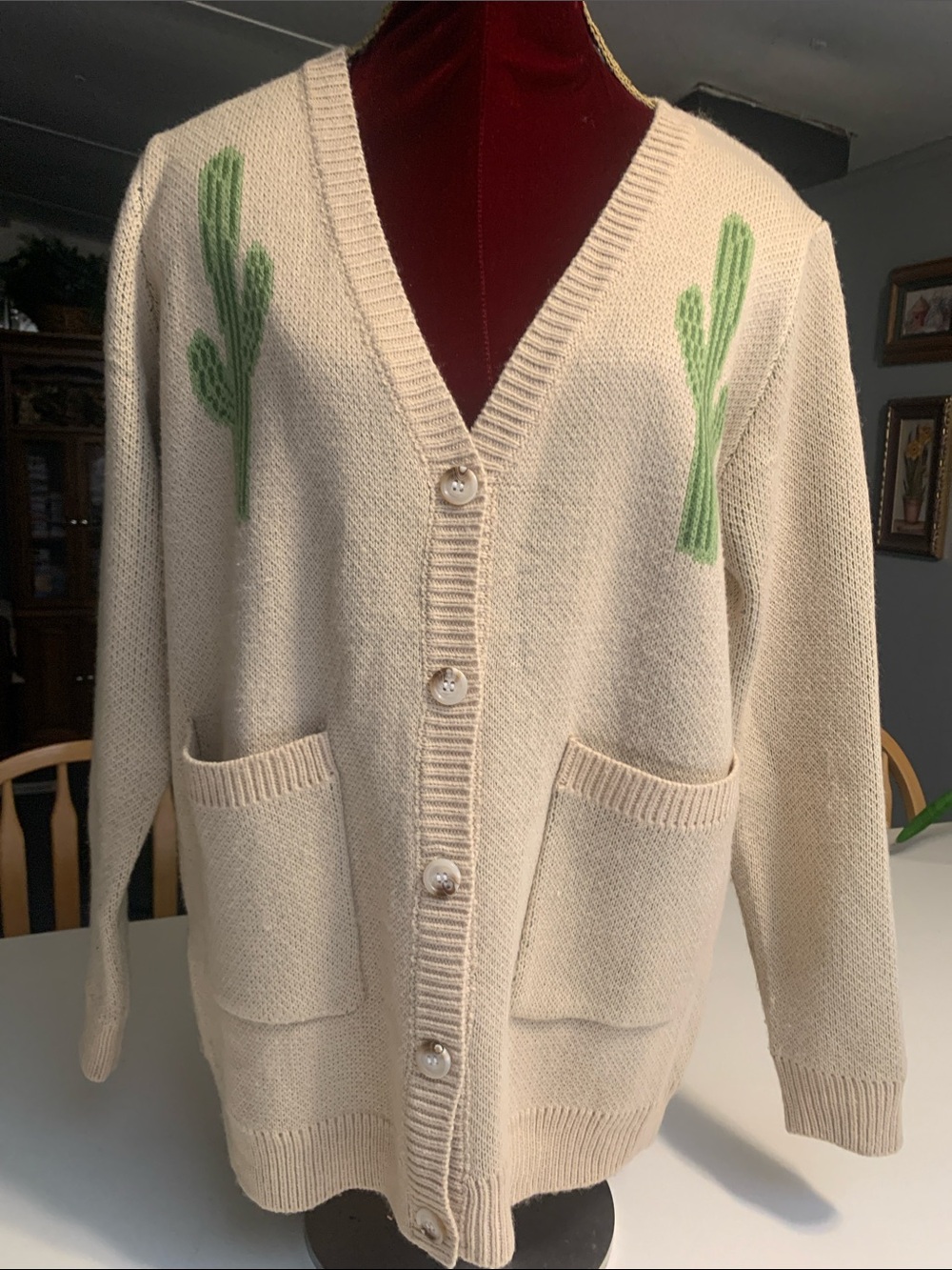 Miss Sparkling Tan V-Neck Cardigan Sweater with Green Cactus Detail